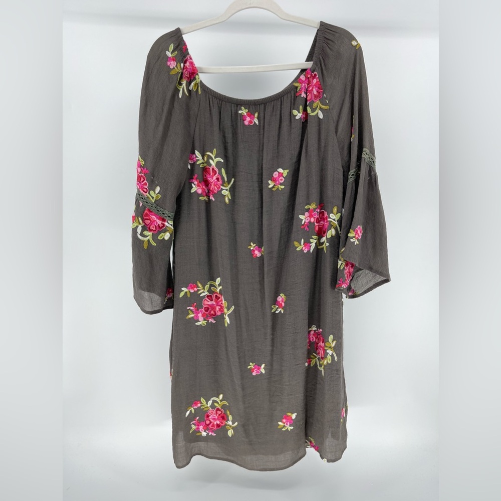 Figueroa & Flower Taupe Embroidered Floral Dress, Fully Lined, Women's Large